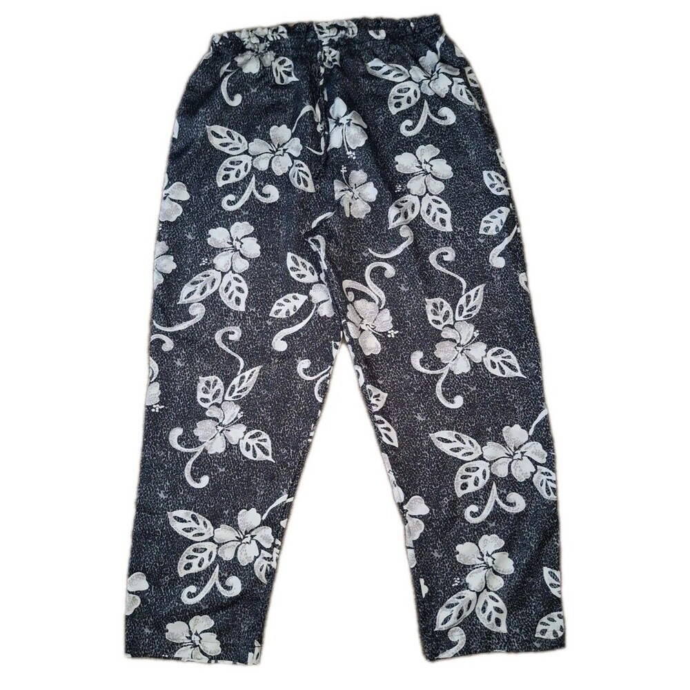 Secret Treasure Floral Pajama Pants Size Large Satin Drawstring Black White